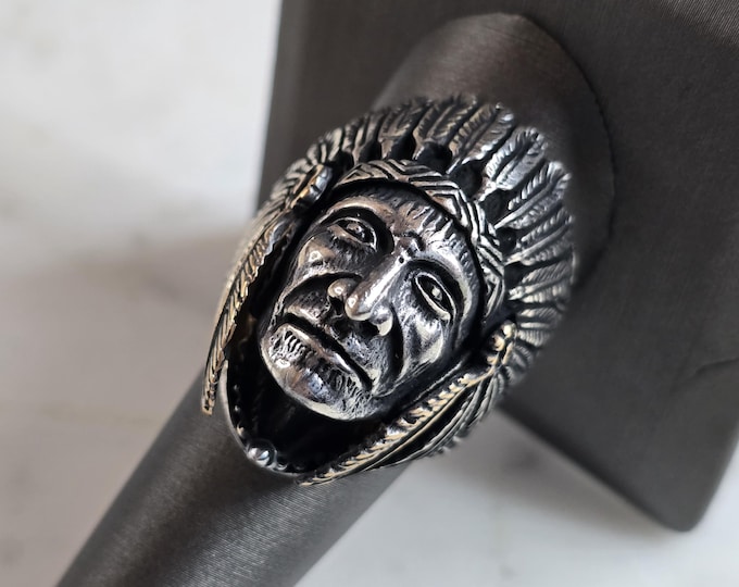 Mens Estate Sterling Silver Two Tone Chief Head Ring 21.1g E4489
