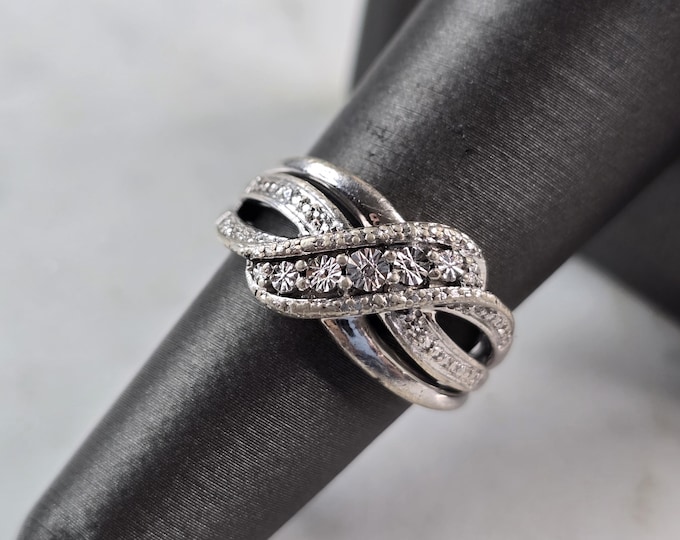 Womens Vintage Estate Sterling Silver Modernist Diamond Ring 3.7g #E6851