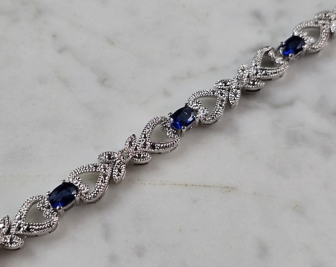 Womens Vintage Estate Sterling Silver Modernist Sapphire Bracelet 17.2g #E7953