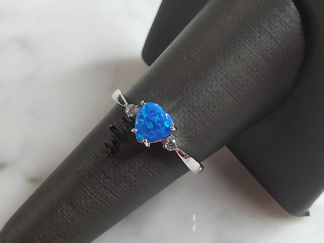 925 Sterling Silver Heart Promise Ring With Blue Simulated Opal – Size 10 Band