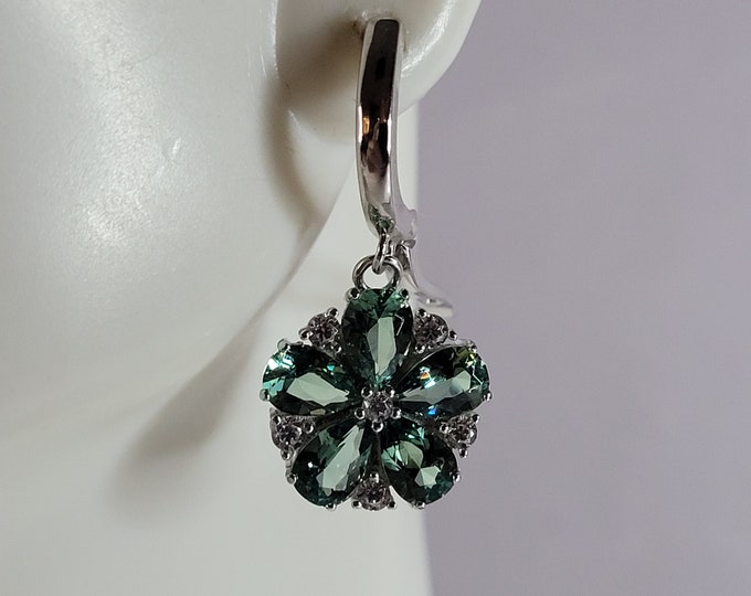 Womens Estate Sterling Silver Modernist Floral CZ Earrings 4.6g E6775