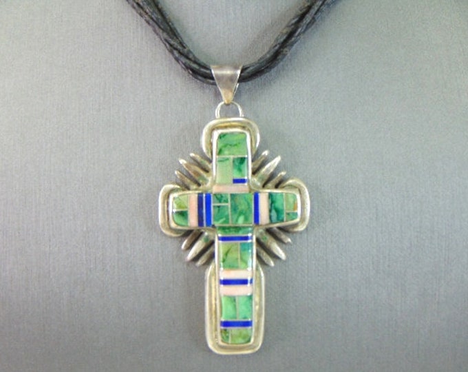 Womens Vintage Estate Sterling Silver Multi-Stone Cross Necklace 34.4g E2214