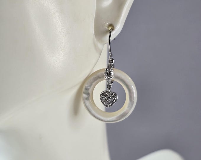 Womens Estate Sterling Silver Mother of Pearl Hoop Heart Earrings 5.9g E1649