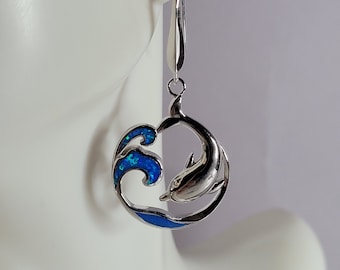 Womens Sterling Silver Modernist Blue Opal Dolphin Earrings 10.1g E2433