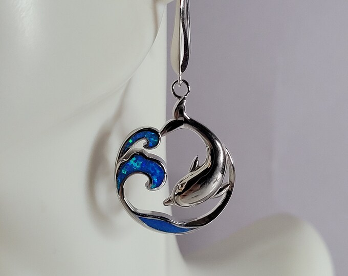 Womens Sterling Silver Modernist Blue Opal Dolphin Earrings 10.1g E2433