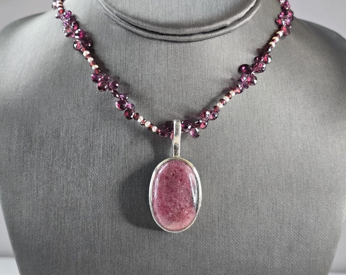 Womens Vintage Sterling Silver Rhodonite Pendant Beaded Necklace 35.2g E3027