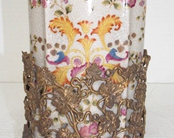 Decorative Victorian Art Nouveau Style Porcelain w/ Bronze Vase