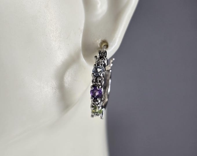 Womens Estate Sterling Silver Multi Stone Hoop Earrings 2.9g #E7462