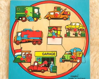 Vintage wooden puzzle Simplex - retro puzzle car garage - simplex toys - made in Holland - childrens room - nursery decor - toys - boy