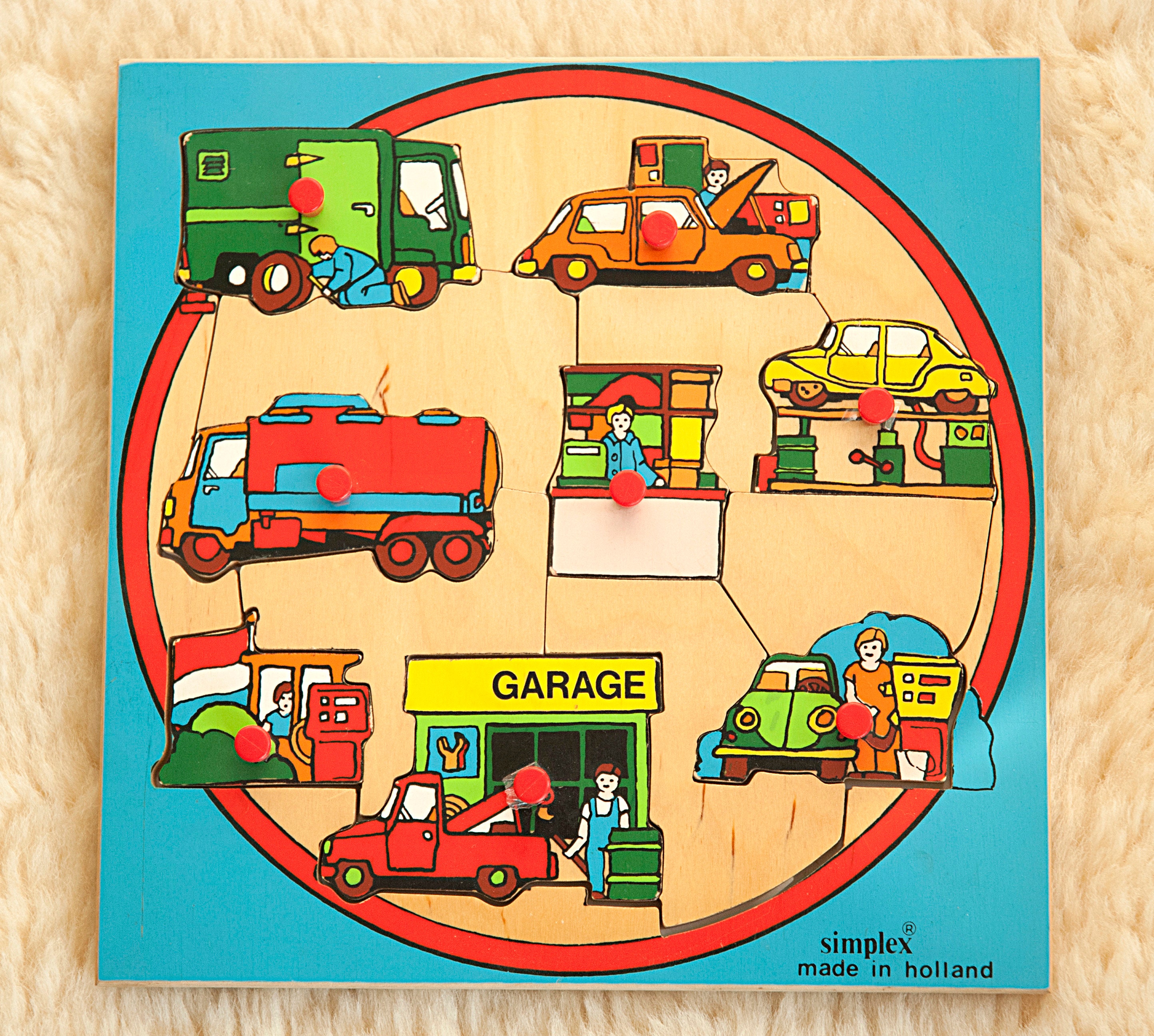 SIMPLEX CHILDREN'S WOODEN PUZZLE~GARAGE CARS & VEHICLES WITH PEGS~AGE 2-6  YEARS