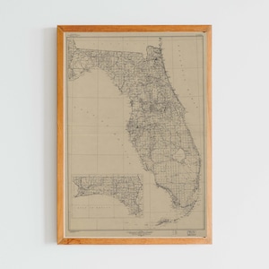 Kaart van Florida 1940 | Florida-kaart | Minimale kunst aan de muur | Florida-cadeaus | Schoonvader cadeau | Staat Florida | Grote staatskaarten
