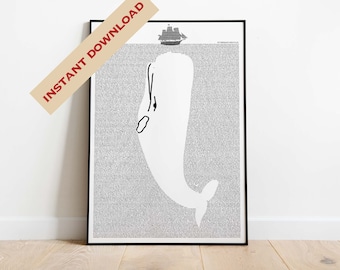 Moby Dick | Moby Dick Litograph |  Moby Dick wall art | Book Lover Gift | Literary Gift | Literary Print | Book Lover Art | Whale and Ship|