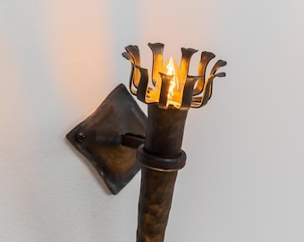 Hand Forged Wrought Iron Torch Wall Light, Rustic Steel Sconce (46 cm)