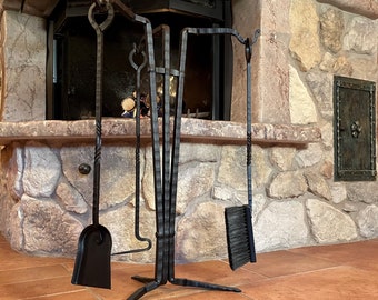 Hand-Forged Steel Fireplace Tool Set – Rustic Poker, Shovel & Brush | Blacksmith Hearth Tools | Housewarming Gift