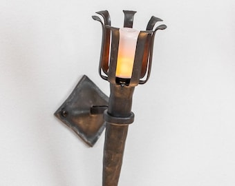 Rustic Torch Wall Lantern, Hand Forged Steel Wall Light with E27 Socket, 46 cm, Wrought Iron Sconce