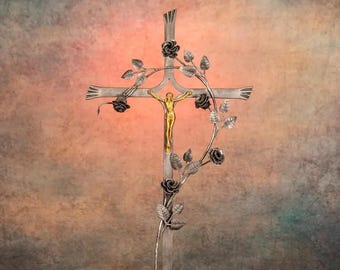 Wrought Iron Grave Cross Rosenheim, Hand Forged Cemetery Memorial with Forged Roses, Grabkreuz Schmiedeeisen, Made to Order