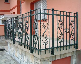 Wrought Iron Balcony Railing with Scroll Details, Simple Hand Forged Exterior Railing