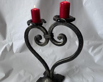 Heart Candle Holder, Hand Forged Swan Candelabra, Wrought Iron Double Candlestick, Anniversary Gift