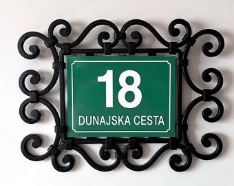 Wrought Iron House Number Frame, Hand Forged Address Plaque Holder, Scroll Sign Surround, 36.5 x 28 cm