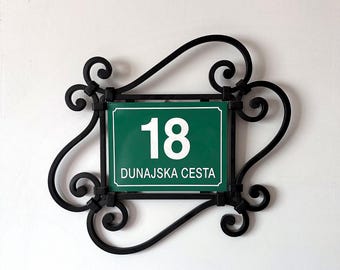 Hand Forged House Number Frame, Diagonal Wrought Iron Address Plaque Holder, Four Scrolls, 45 x 36 cm
