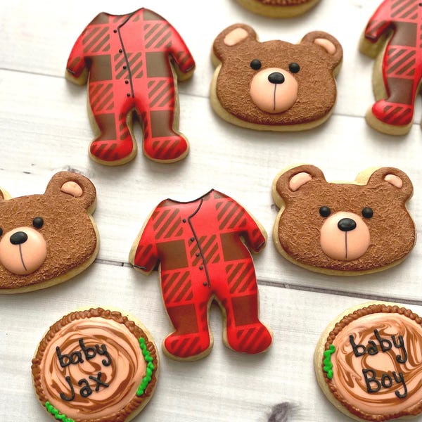 Lumberjack Baby Shower Cookies, Buffalo Plaid Bear