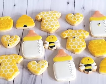 Bee Theme Decorated Sugar Cookies, Baby Shower Favors, 24 Mini Cookies