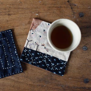 Sashiko Coaster, Vintage Kimono Fabric, Japanese Sashiko