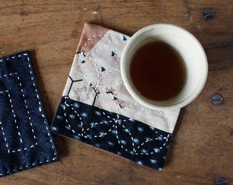 Sashiko Coaster, Vintage Kimono Fabric, Japanese Sashiko