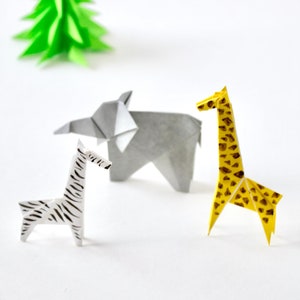 Set of Origami Savanna animals, Elephant, Giraffe, Zebra, mini origami, miniature origami, origami elephant, origami giraffe, Safari animal