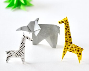 Set of Origami Savanna animals, Elephant, Giraffe, Zebra, mini origami, miniature origami, origami elephant, origami giraffe, Safari animal
