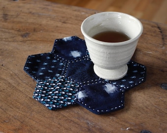Sashiko vase mat, Hexagon coaster, Made from Vintage Kimono