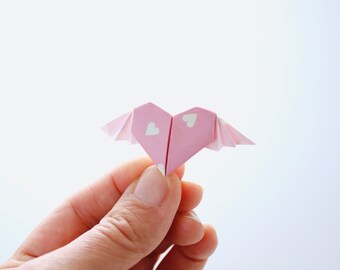 Origami heart, origami heart with wings, mini origami, origami art, origami heart, origami ornament, origami, paper heart