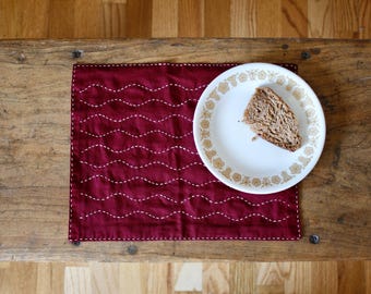 Red Sashiko Kitchen Towel, Japanese Fabric Mug Rug