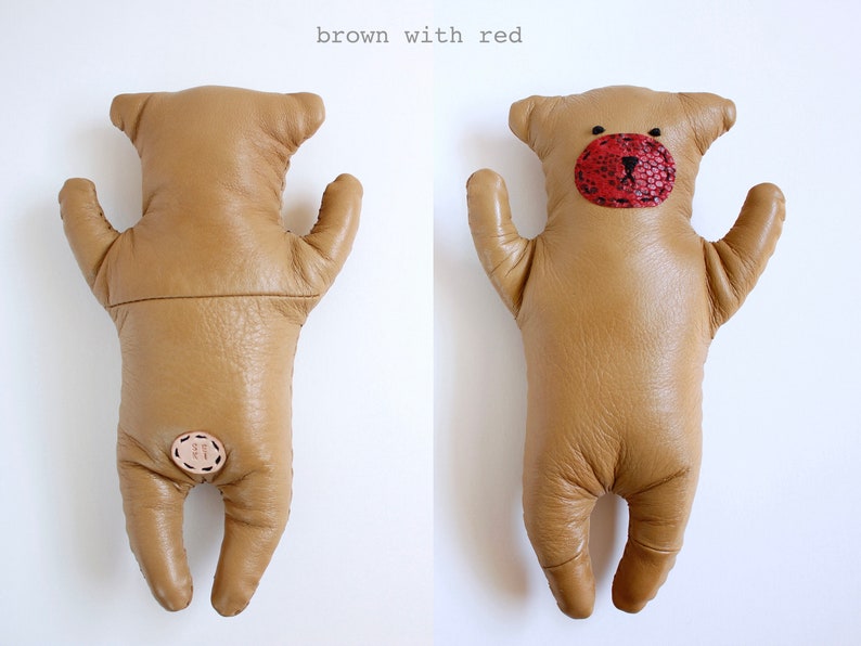 Etsy's Pick, KUMA, leather teddy bear, leather bear, stuffed teddy bear, stuffed animal bear, plushy bear, brown bear, red bear, upcycled afbeelding 6