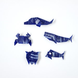 Set of Blue Origami Sea Creature, whale, dolphin, turtle, crab, fish, mini origami, miniature origami, origami whale, origami fish