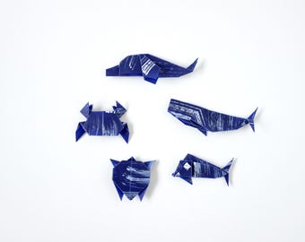 Set of Blue Origami Sea Creature, whale, dolphin, turtle, crab, fish, mini origami, miniature origami, origami whale, origami fish