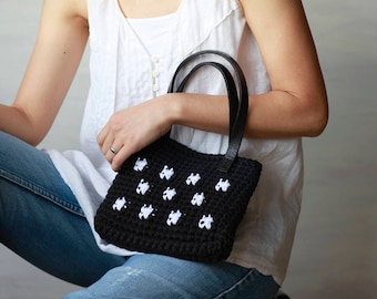 Black Crochet Purse, Upcycled T-Shirt Yarn Bag, Kimono Lining