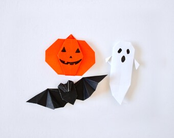 Origami Halloween set, Origami Pumpkin, Bat and Ghost, Mini Paper Art