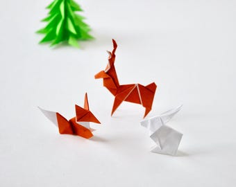 Origami Forest Animals Set, Paper Deer, Fox, Rabbit