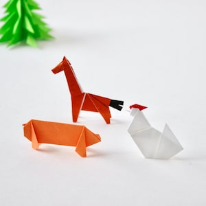 Set of Origami barn animals, horse, chicken, pig, mini origami, miniature origami, origami horse, origami chicken, origami pig, Barn animal
