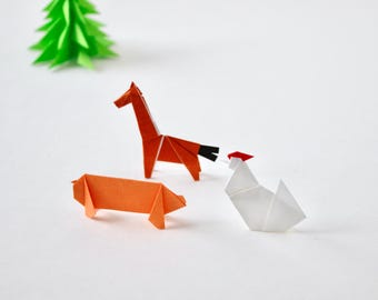 Set of Origami barn animals, horse, chicken, pig, mini origami, miniature origami, origami horse, origami chicken, origami pig, Barn animal