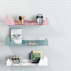 Three bookcase. Metal shelves in house shape, shelf inspired by the Montessori system, floating shelves, wall shelf, ledge for book.