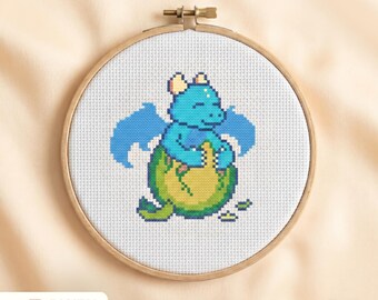 Hatching Dragon Cross Stitch Pattern • Kawaii Easter Hoop Art (PDF Download)