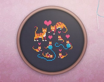 Kawaii Cross Stitch • Modern Cat Cross Stitch Pattern • Cute Kitten Hoop Art • Easy Counted Cross Stitch PDF • Cat Family XStitch Pattern