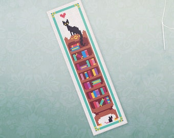 Bookmark Cross Stitch Pattern • Modern Reading Cat Pattern •  Easy Counted Cross Stitch Book Mark PDF • Cat & Bookcase XStitch Pattern