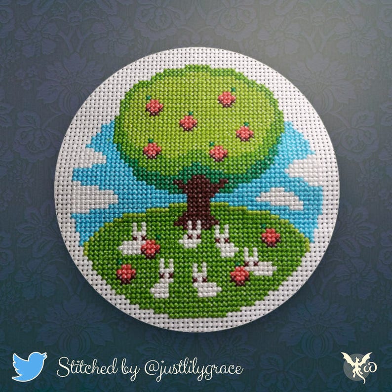 Cross Stitch Tree Modern Rabbit Cross Stitch Pattern Cute Animal Hoop Art Easy Spring Counted Cross Stitch PDF Apple Tree Xstitch image 2