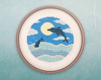 Dolphin Cross Stitch Pattern • Modern Nautical Cross Stitch • Ocean Hoop Art • Easy Counted Cross Stitch PDF •  Sea life Xstitch Pattern