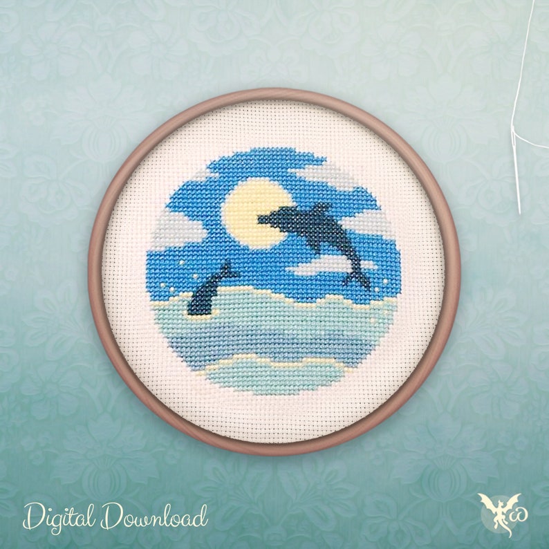 Dolphin Cross Stitch Pattern Modern Nautical Cross Stitch Ocean Hoop Art Easy Counted Cross Stitch PDF Sea life Xstitch Pattern image 1