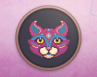 Cat Cross Stitch • Modern Cat Cross Stitch Pattern • Cute Colorful Hoop Art • Easy Counted Cross Stitch PDF • Rainbow Cat XStitch Pattern