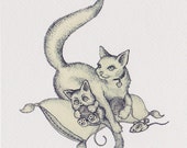 Mother Cat & Her Kitten Print - Animal Illustration (5x7)